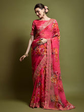 Chic Pink Floral Georgette Saree with Sequins