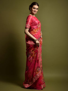 Chic Pink Floral Georgette Saree with Sequins