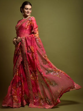 Chic Pink Floral Georgette Saree with Sequins