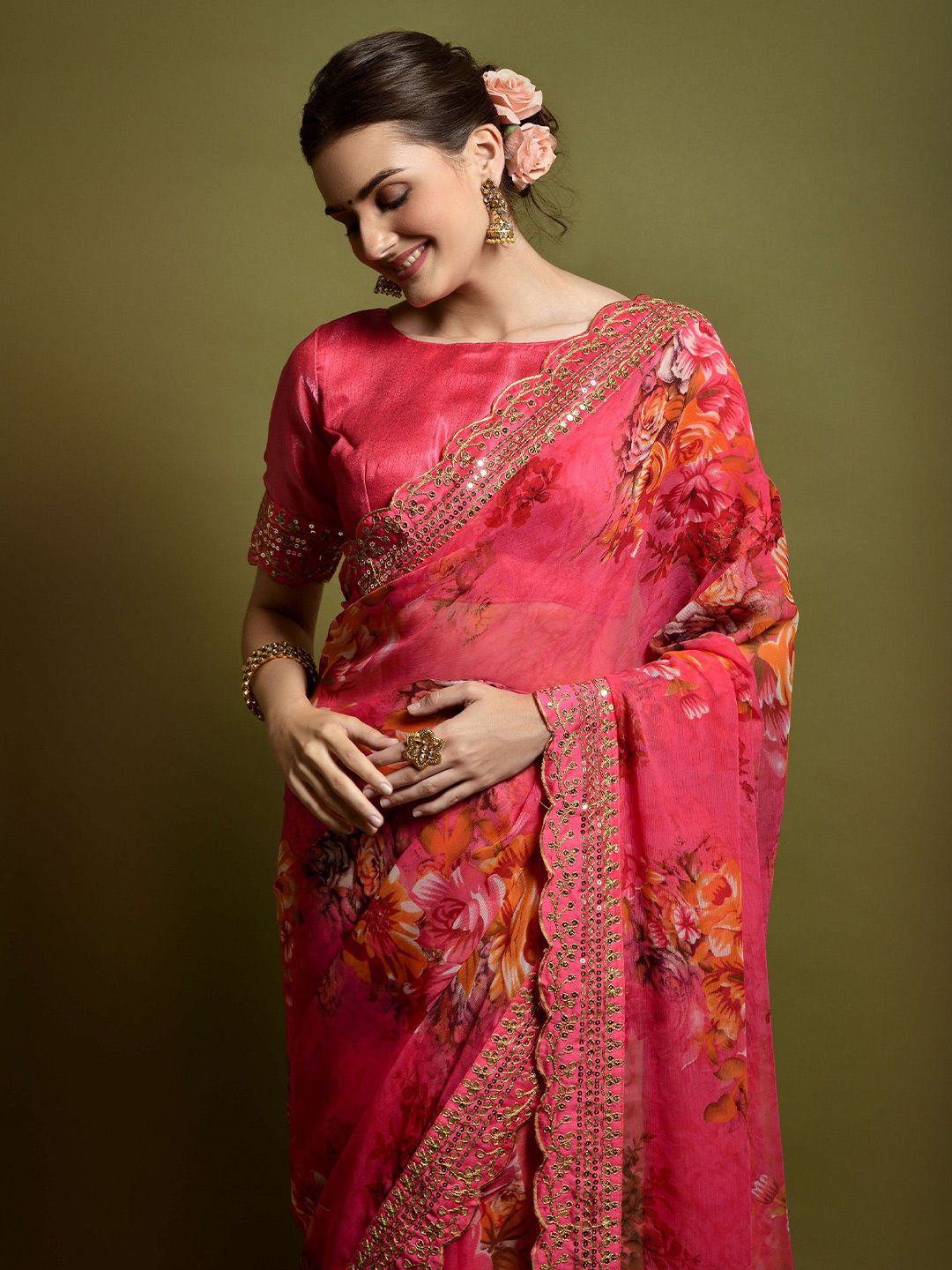 Chic Pink Floral Georgette Saree with Sequins