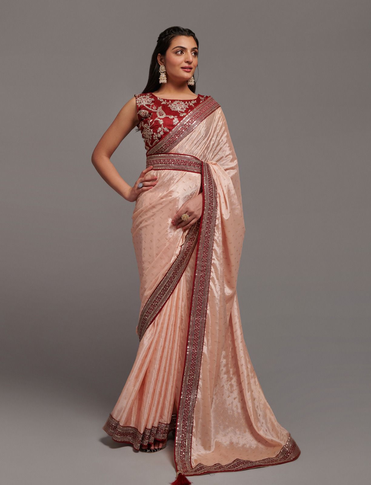 Chinon Peach Saree with Zari Lace and Dhupiyan Blouse