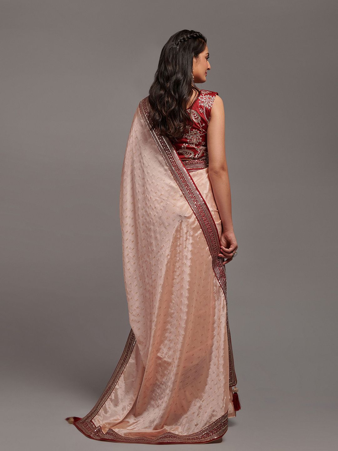 Chinon Peach Saree with Zari Lace and Dhupiyan Blouse