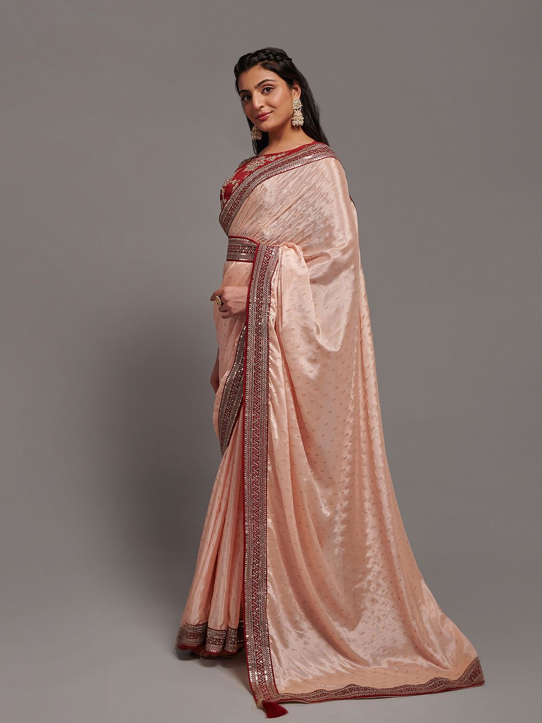 Chinon Peach Saree with Zari Lace and Dhupiyan Blouse