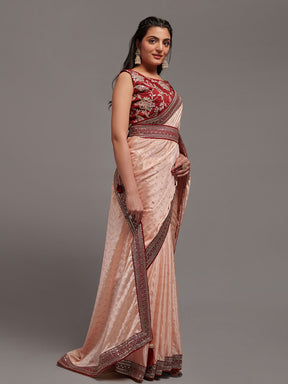 Chinon Peach Saree with Zari Lace and Dhupiyan Blouse