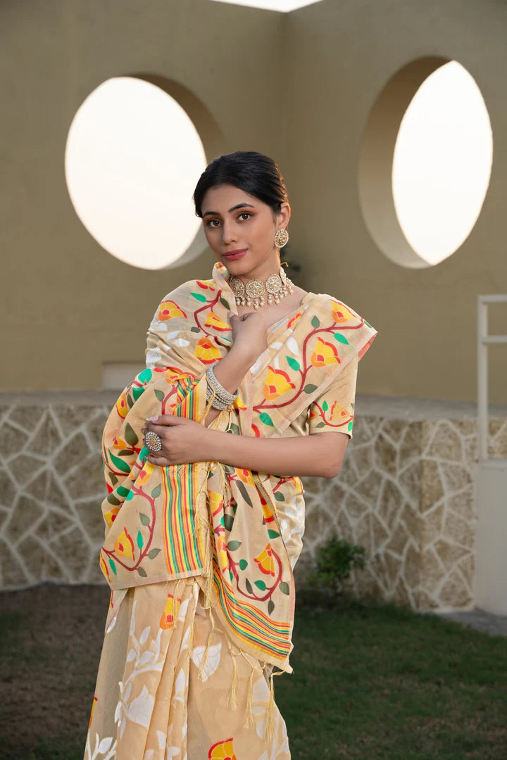 Elegant Beige Cotton Jamdani Saree