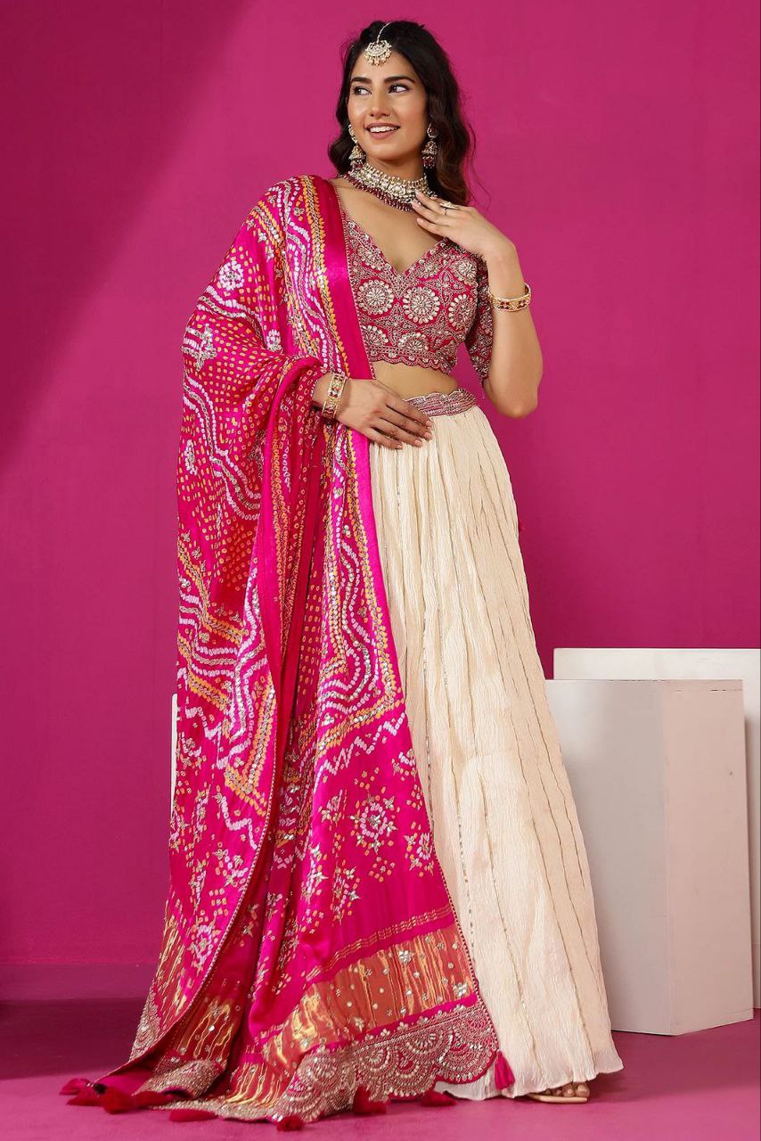 Cream Lehenga Set with Embroidery Cording for Weddings & Parties