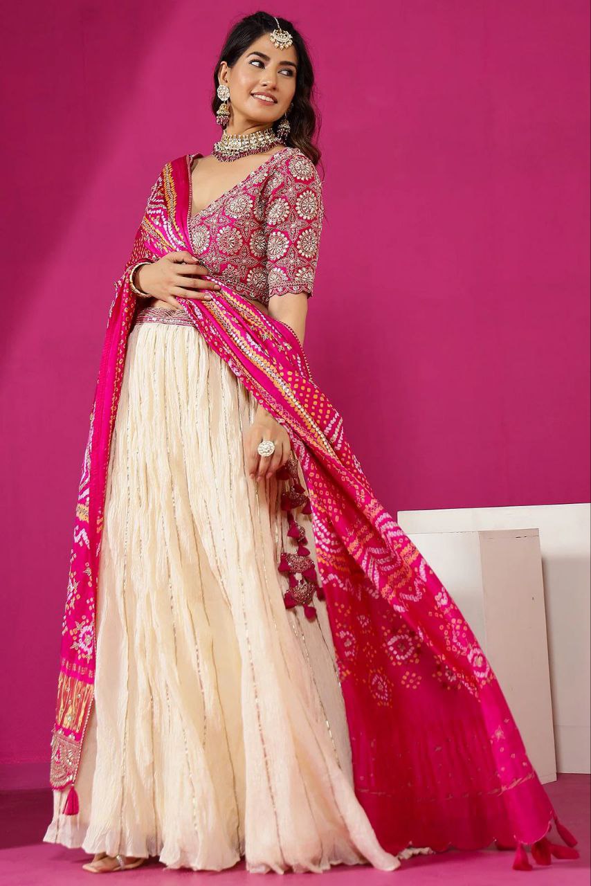 Cream Lehenga Set with Embroidery Cording for Weddings & Parties