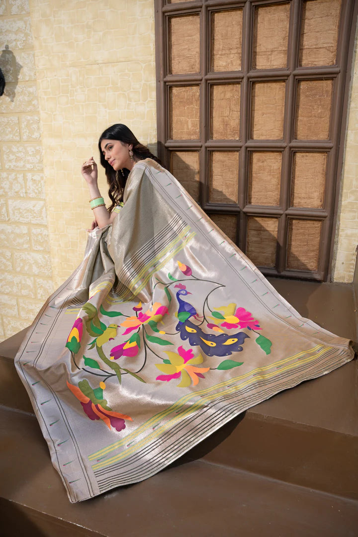 Grey Paithani Silk Saree with Soft Blended Fabric