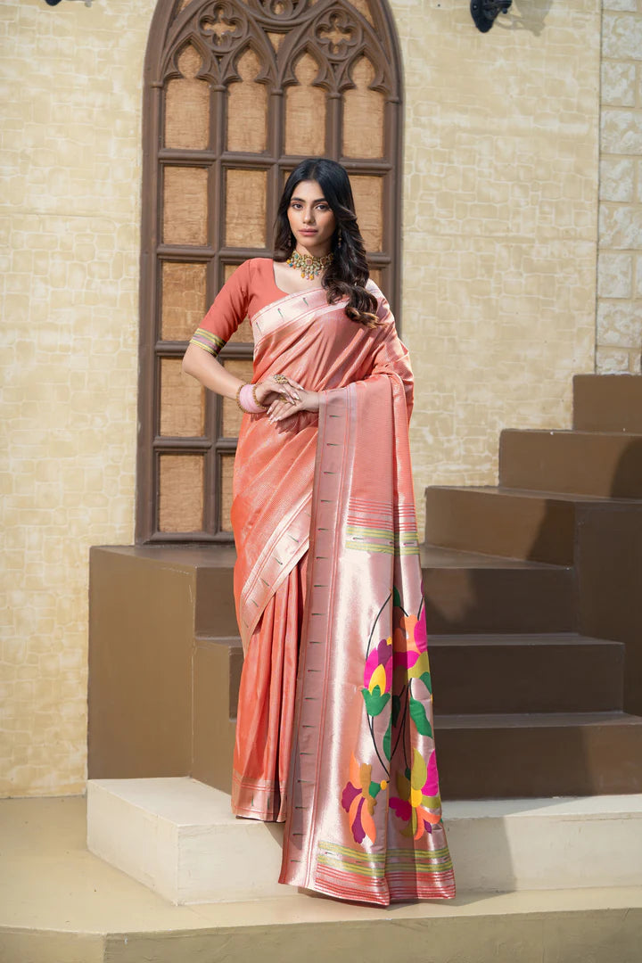 Elegant Red Paithani Saree With Zari Border