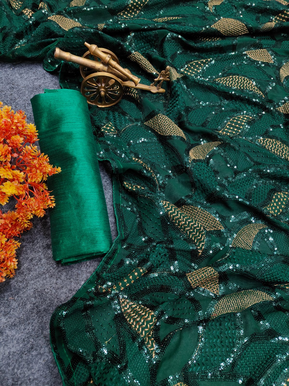 Elegant Green Soft Georgette Saree with Sequined Embroidery