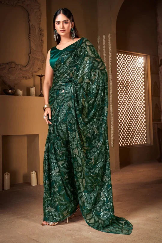 Elegant Green Soft Georgette Saree with Sequined Embroidery