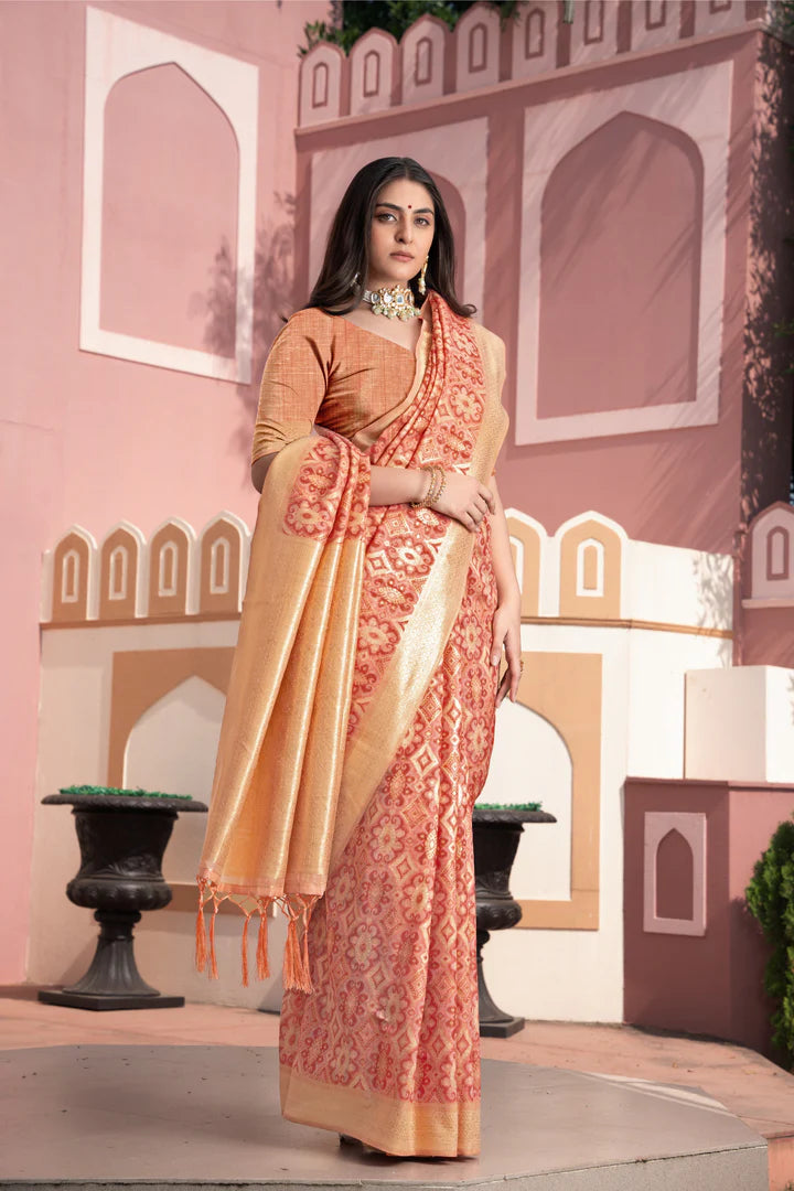 Vastraan Peach Ikat Silk Saree – Zari Woven Grace