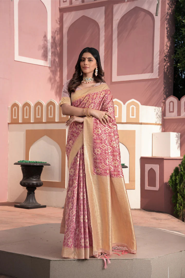 Vastraan Pink Ikat Silk Saree – Zari Woven Elegance