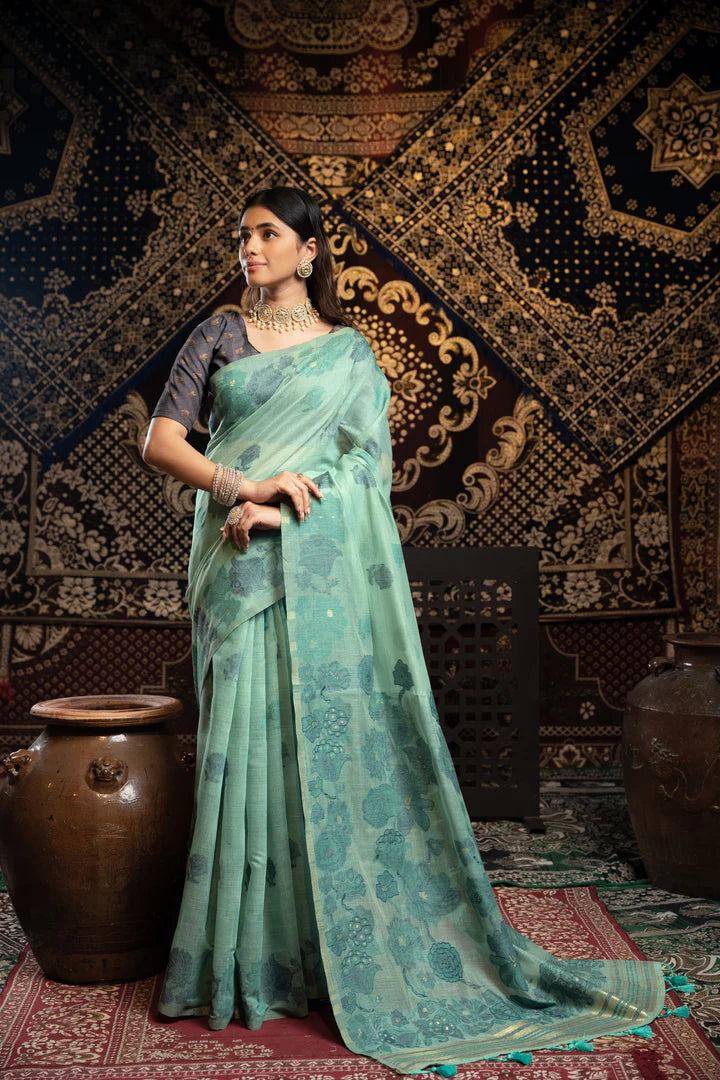 Vastraan Teal Soft Cotton Jamdani Saree