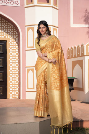 Vastraan Yellow Ikat Silk Saree – Zari Woven Charm