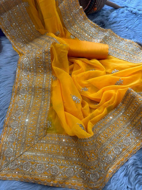 Mustard Georgette Saree with Lace and Sequin Blouse