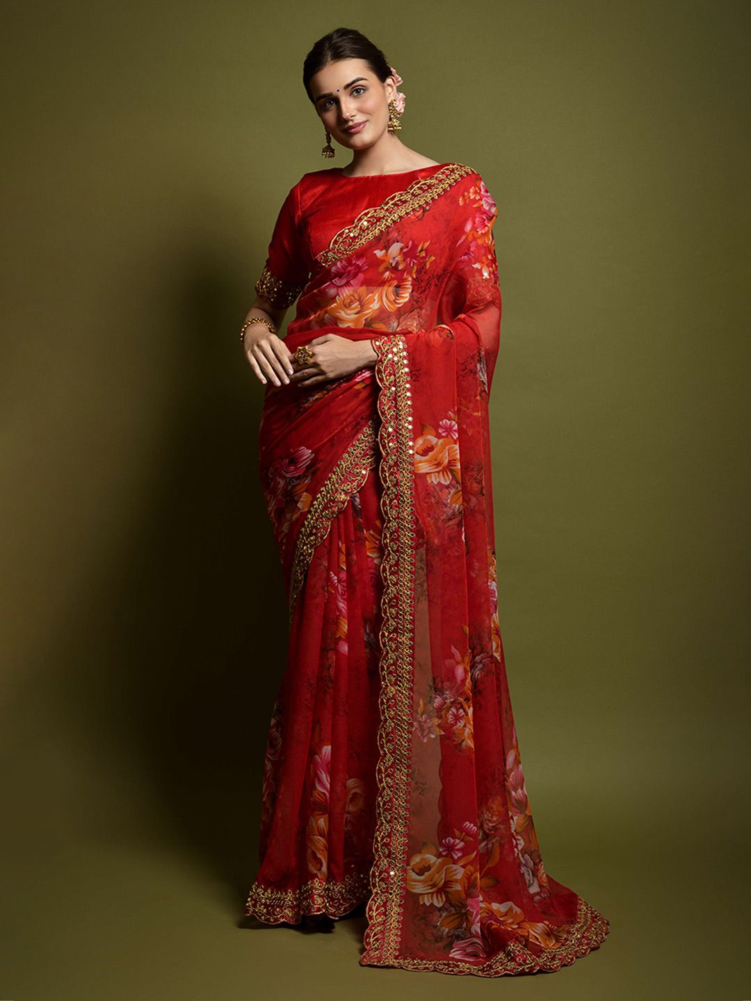 Red Georgette Chiffon Saree & Banglori Satin Blouse