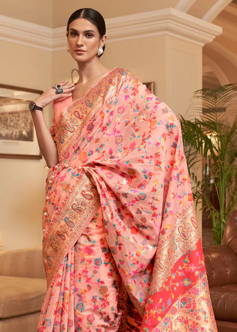 Peach Blossom Woven Jamewar Kashmiri Banarasi Saree