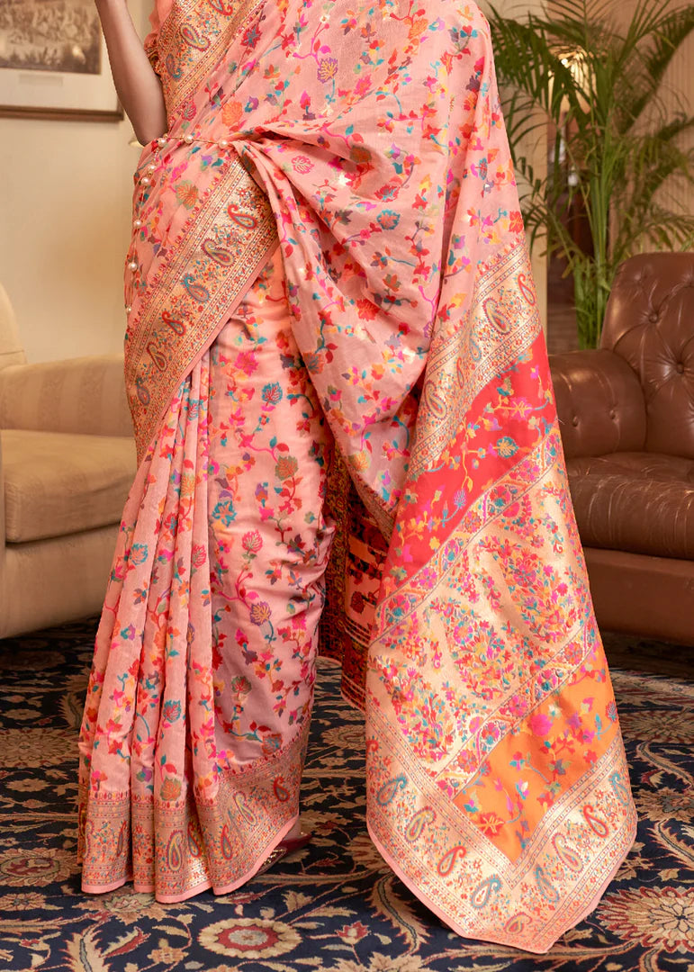 Peach Blossom Woven Jamewar Kashmiri Banarasi Saree