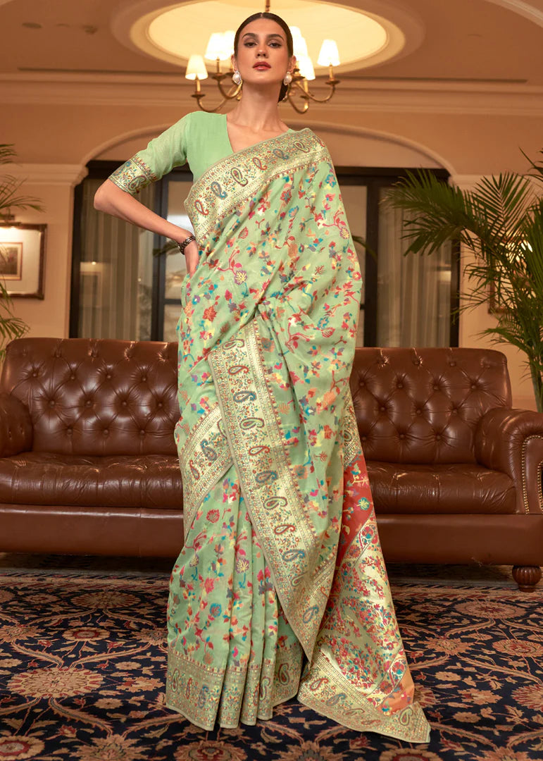 Green Woven Jamewar Kashmiri Banarasi Saree