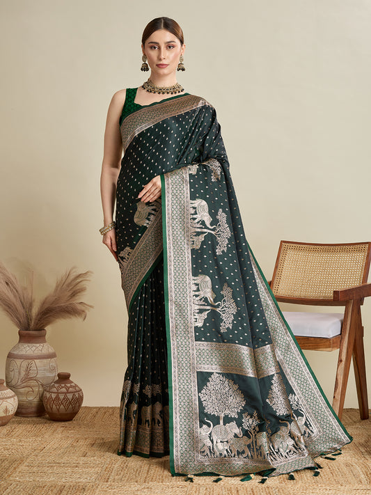 Green Color Soft Silk Zari Weaving Saree for Wedding And Party