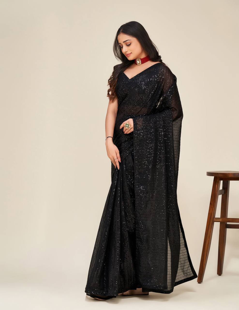 Black Georgette Sequins Saree with Banglori Blouse