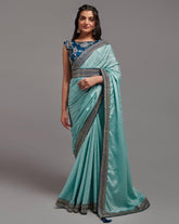 Gorgeous Turquoise Chinon Saree with Zari Lace