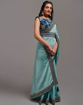 Gorgeous Turquoise Chinon Saree with Zari Lace