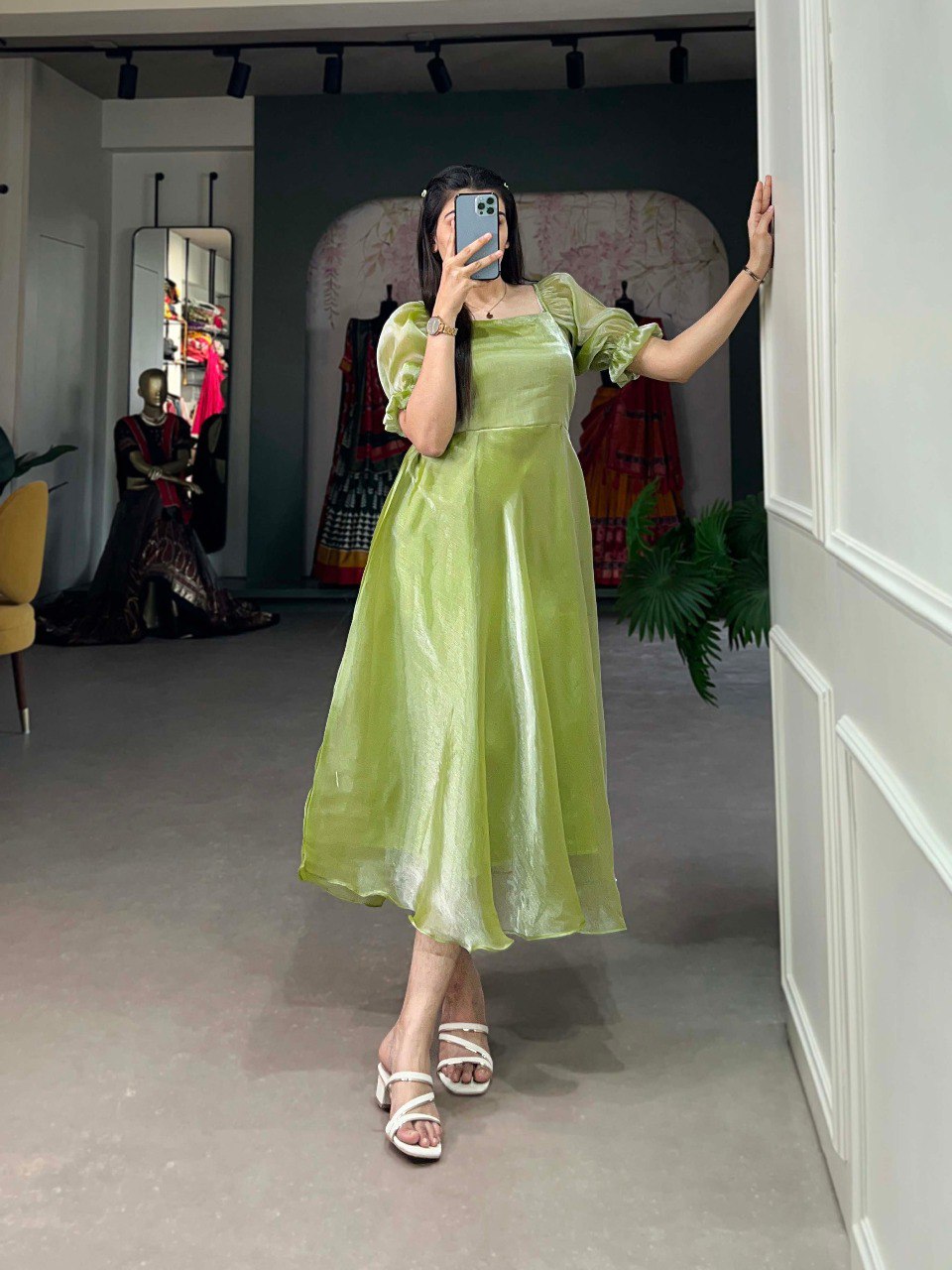 Green Color Burberry Silk Ready Made Gown