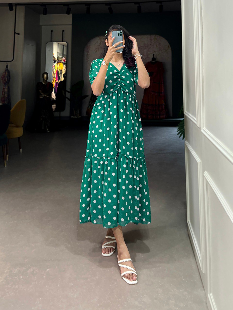 Amazing Green Color Georgette Polka Dot Print Gown