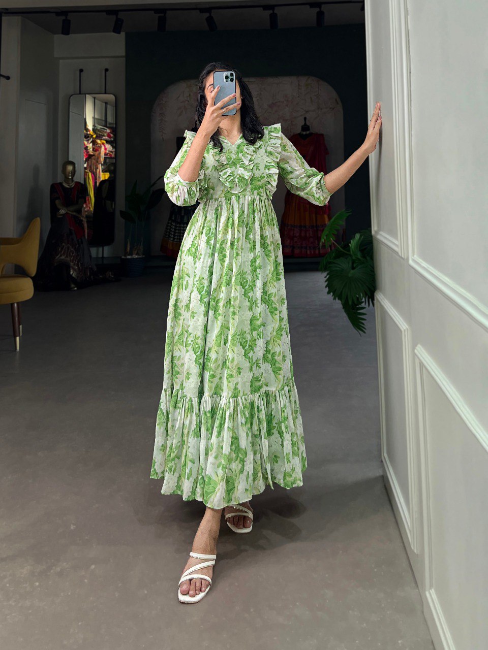 New Green Color Floral Print Gown