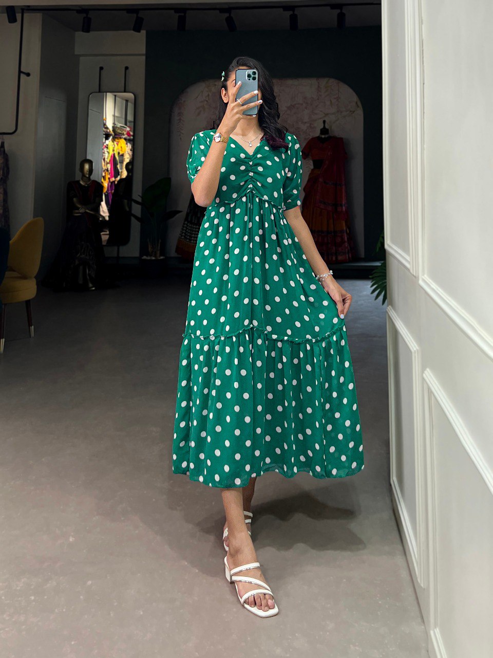 Amazing Green Color Georgette Polka Dot Print Gown