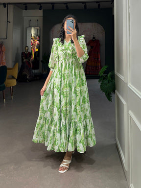 New Green Color Floral Print Gown