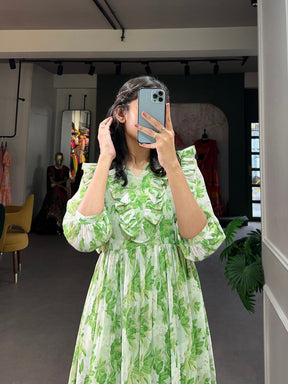 New Green Color Floral Print Gown