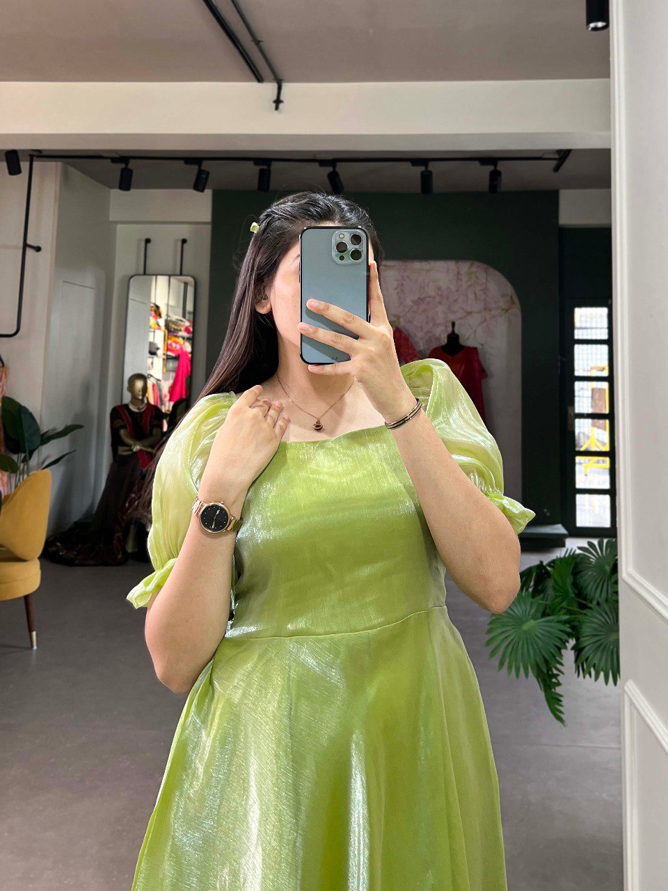 Green Color Burberry Silk Ready Made Gown
