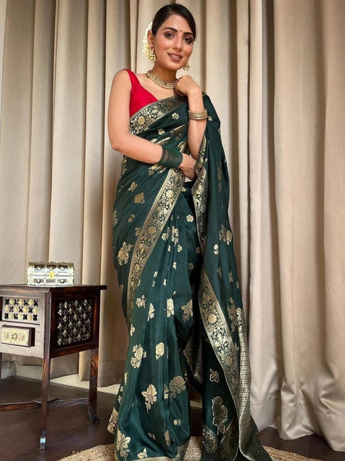 Green Banarasi Soft Silk Wedding Wear Saree