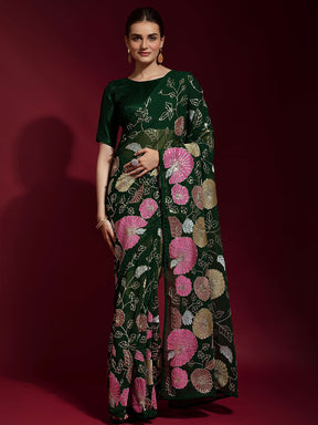 Floral Embroidered Green Georgette Saree with Sequins