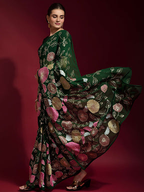 Floral Embroidered Green Georgette Saree with Sequins