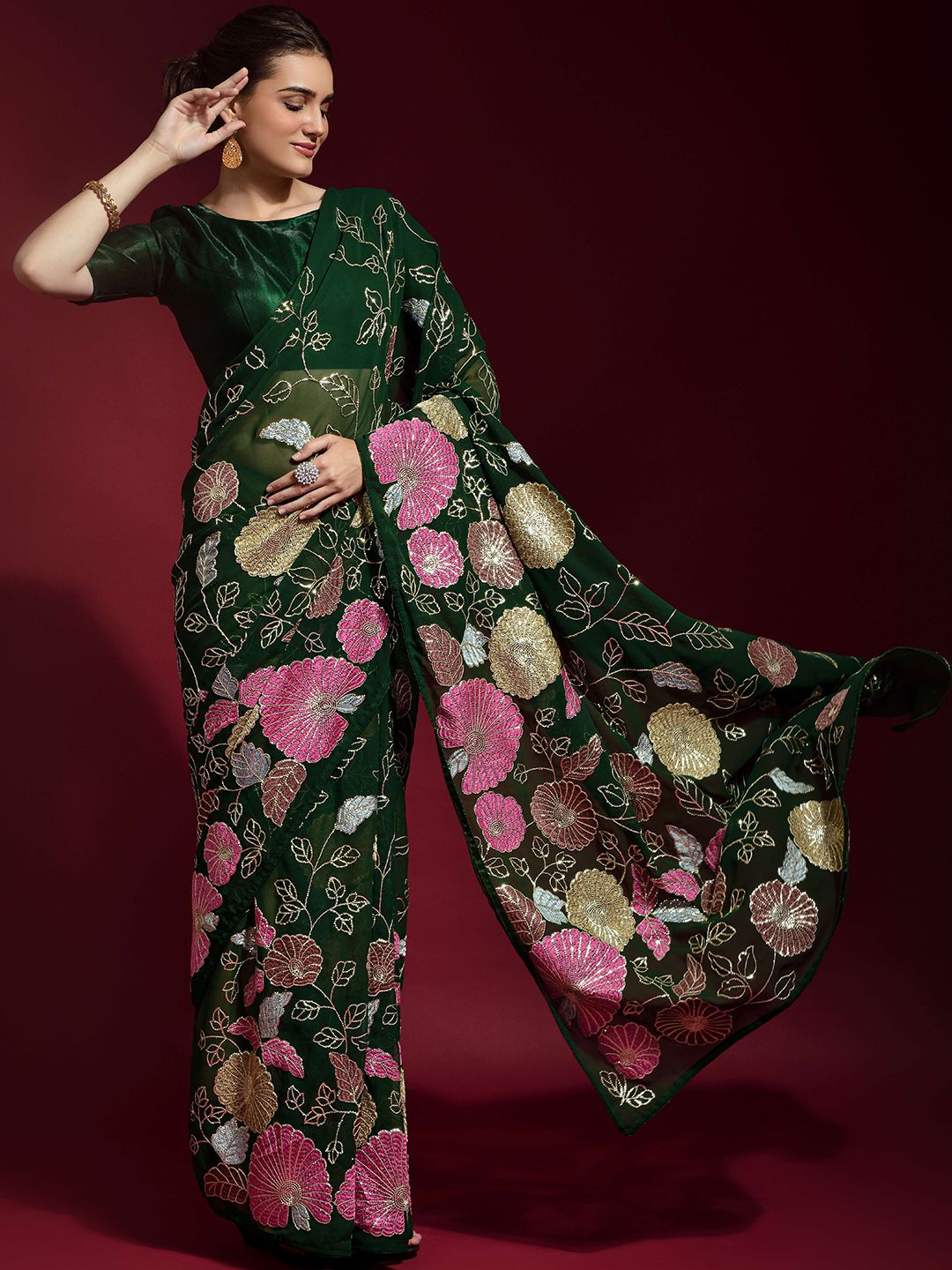 Floral Embroidered Green Georgette Saree with Sequins