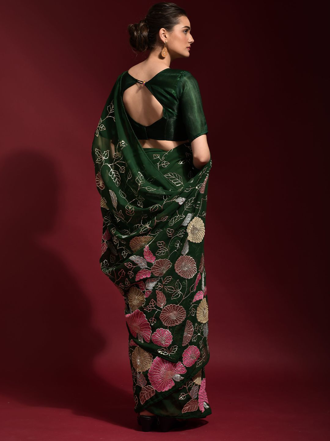 Floral Embroidered Green Georgette Saree with Sequins