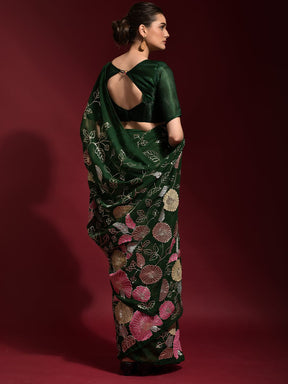 Floral Embroidered Green Georgette Saree with Sequins