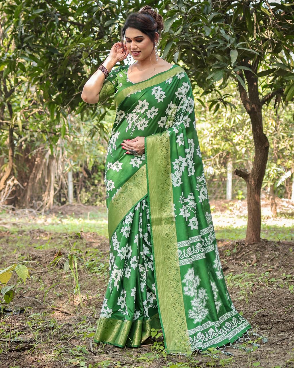 Green Pure Silk Digital Printed Wedding Wear Saree