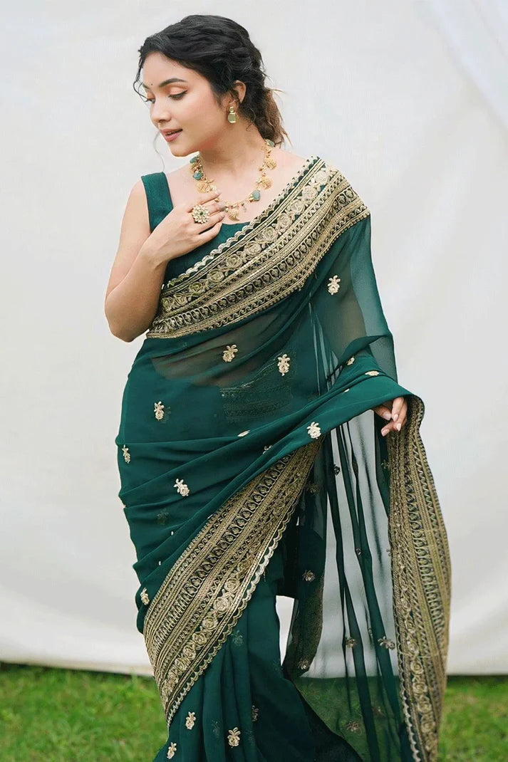 Green Embroidered Georgette Saree with Raw Silk Blouse