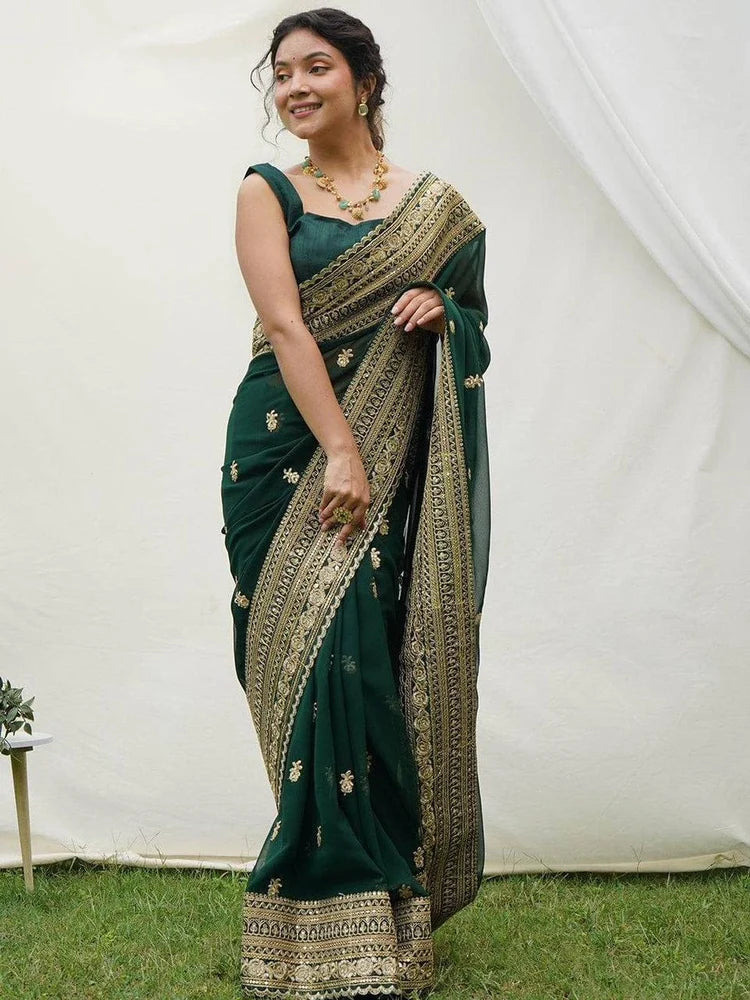 Green Embroidered Georgette Saree with Raw Silk Blouse