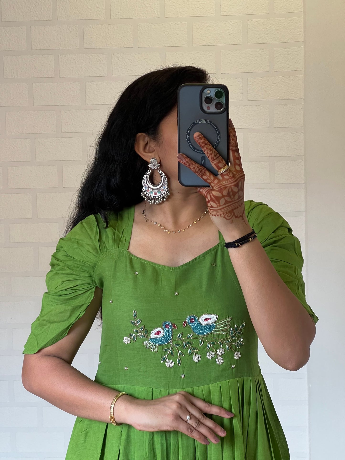 Green Color Pure Mul Cotton Hand Maggam work Kurti
