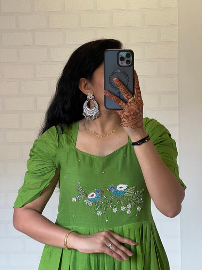 Green Color Pure Mul Cotton Hand Maggam work Kurti