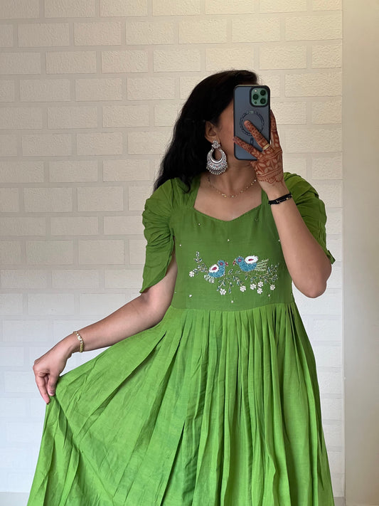 Green Color Pure Mul Cotton Hand Maggam work Kurti