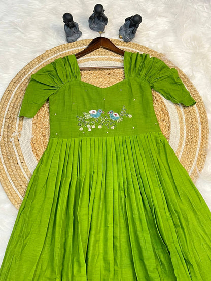 Green Color Pure Mul Cotton Hand Maggam work Kurti