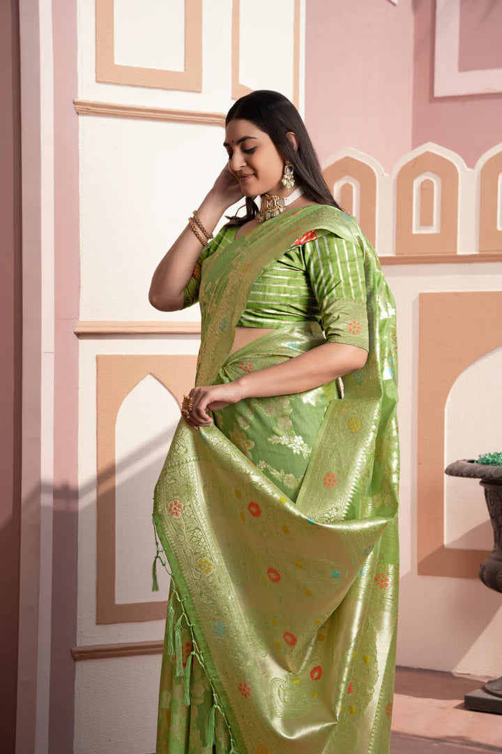 Vastraan Green Cotton Silk Banarasi Saree