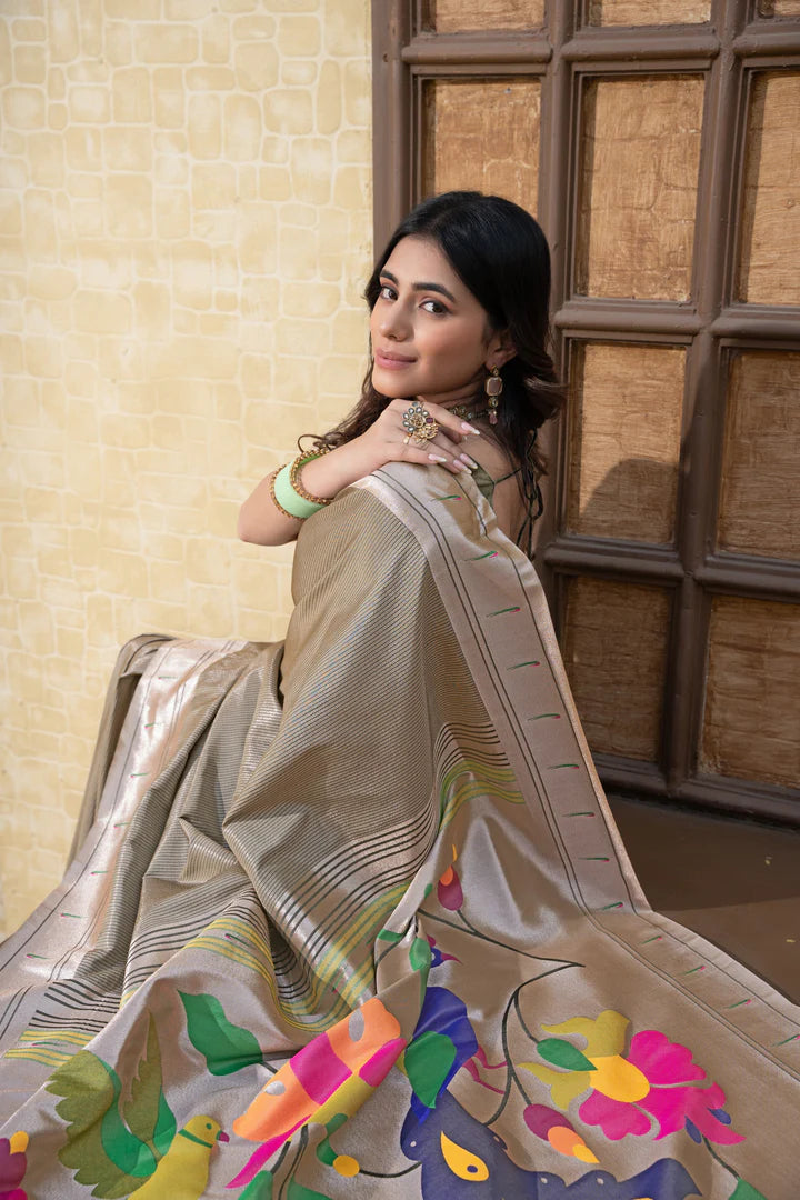 Grey Paithani Silk Saree with Soft Blended Fabric